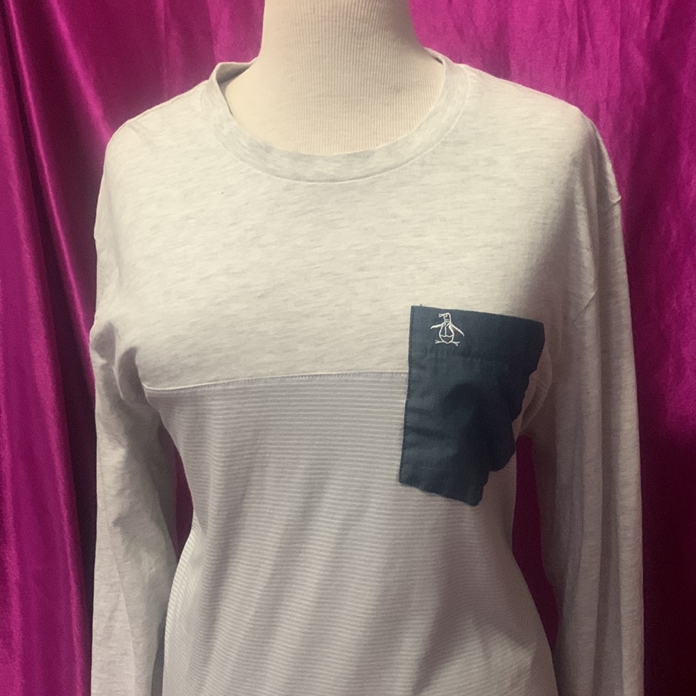 Penguin long sleeve gray top white/ gray striped blue pocket like new